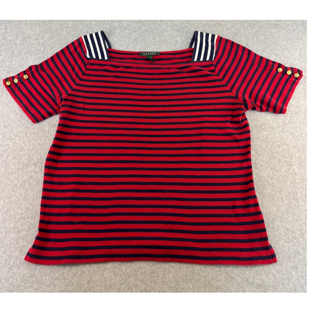 Lauren Ralph Lauren Women's XL Red Navy Blue Striped Cotton Short Sleeve Shirt